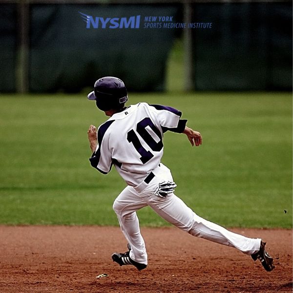 A baseball player wearing a number 10 jersey runs on a dirt field. The New York Sports Medicine Institute logo is visible at the top of the image.