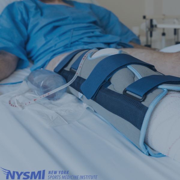 A person lies in a hospital bed with a knee brace and medical drainage tube attached to their bandaged leg. The NYSMI logo is visible in the corner.